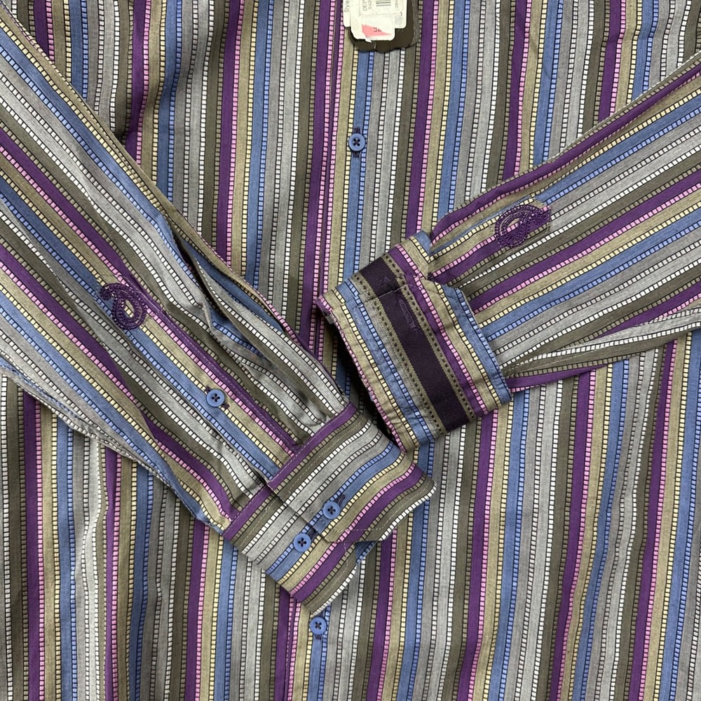 NWT Visconti Black Men's L Long Sleeve Button Down Purple Striped Designer Shirt - Picture 4 of 7